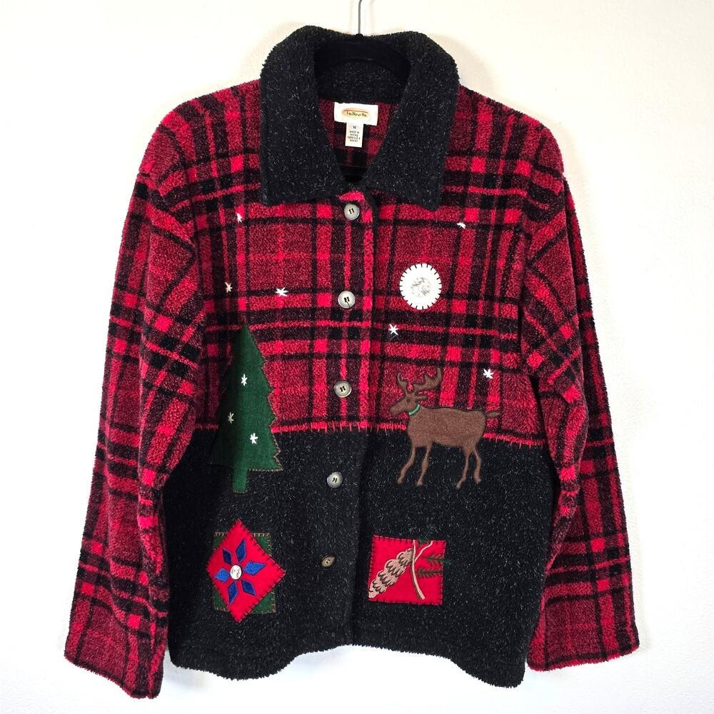 Talbots Fleece Jacket Womens M Red Black Check Lumberjack Cabin Lodge Vintage